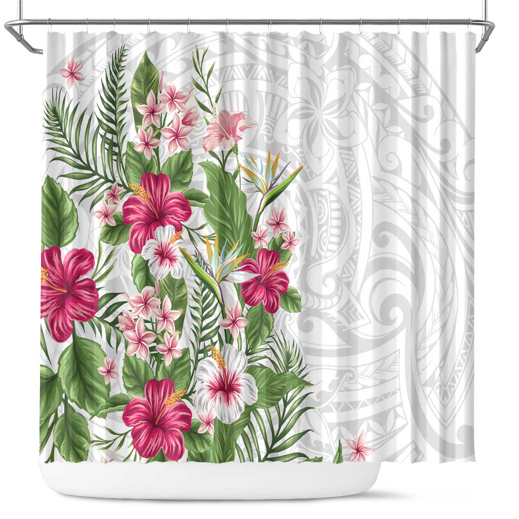 Hawaii Tropical Flowers Shower Curtain Polynesian Tattoo White