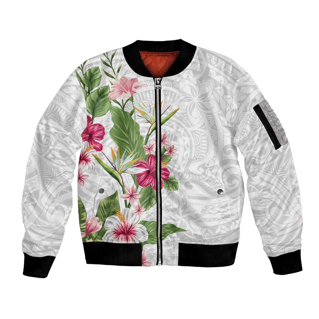 Hawaii Tropical Flowers Sleeve Zip Bomber Jacket Polynesian Tattoo White