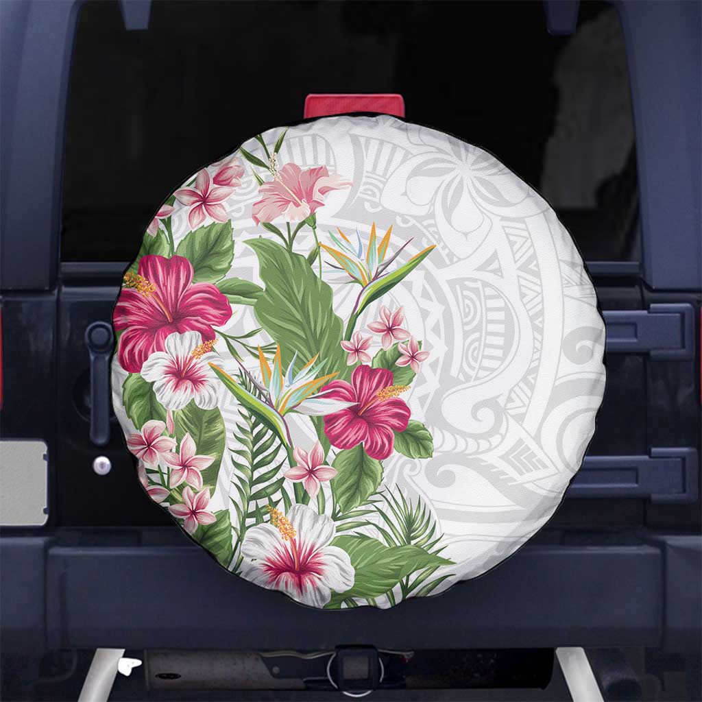 Hawaii Tropical Flowers Spare Tire Cover Polynesian Tattoo White LT05 - Polynesian Pride