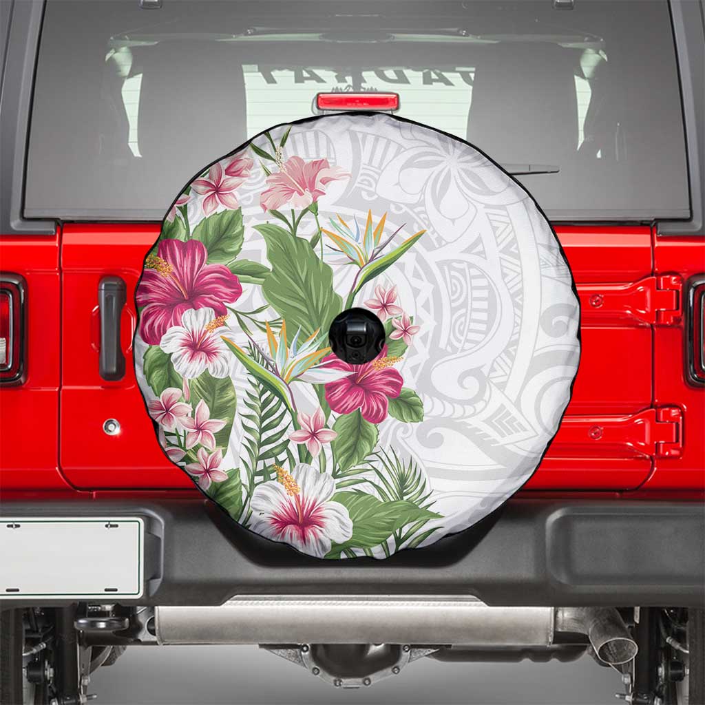 Hawaii Tropical Flowers Spare Tire Cover Polynesian Tattoo White LT05 - Polynesian Pride