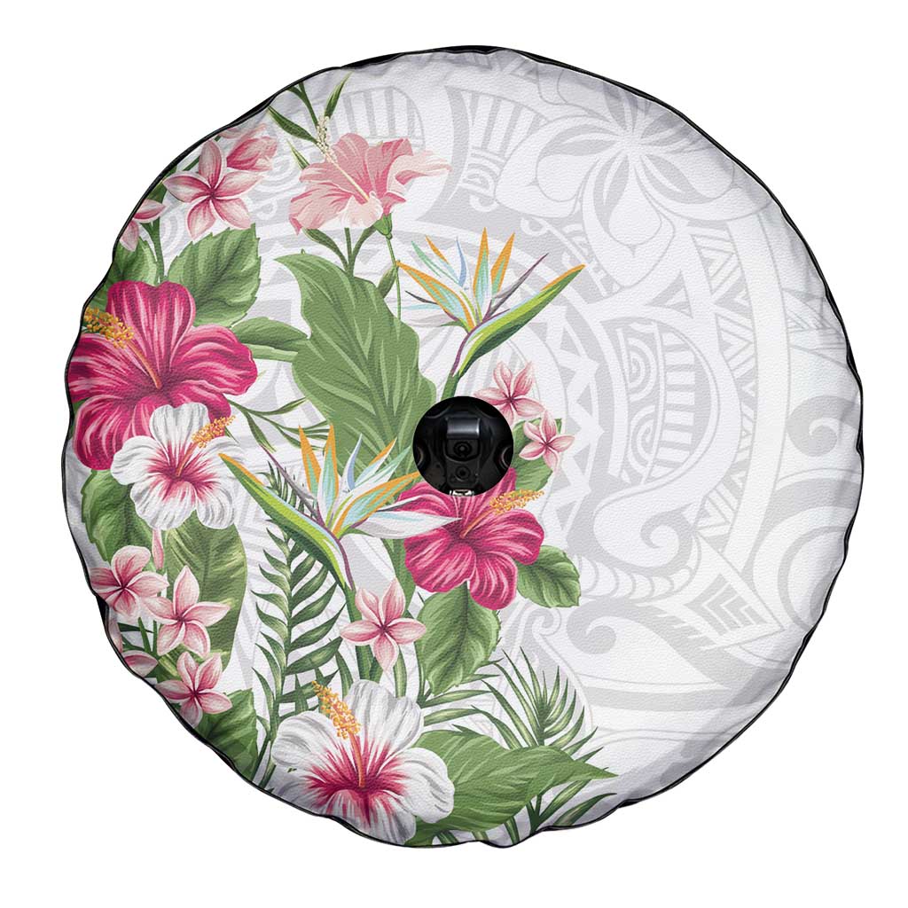 Hawaii Tropical Flowers Spare Tire Cover Polynesian Tattoo White LT05 - Polynesian Pride