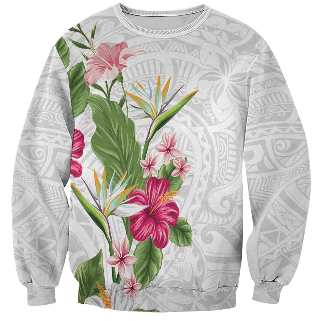 Hawaii Tropical Flowers Sweatshirt Polynesian Tattoo White