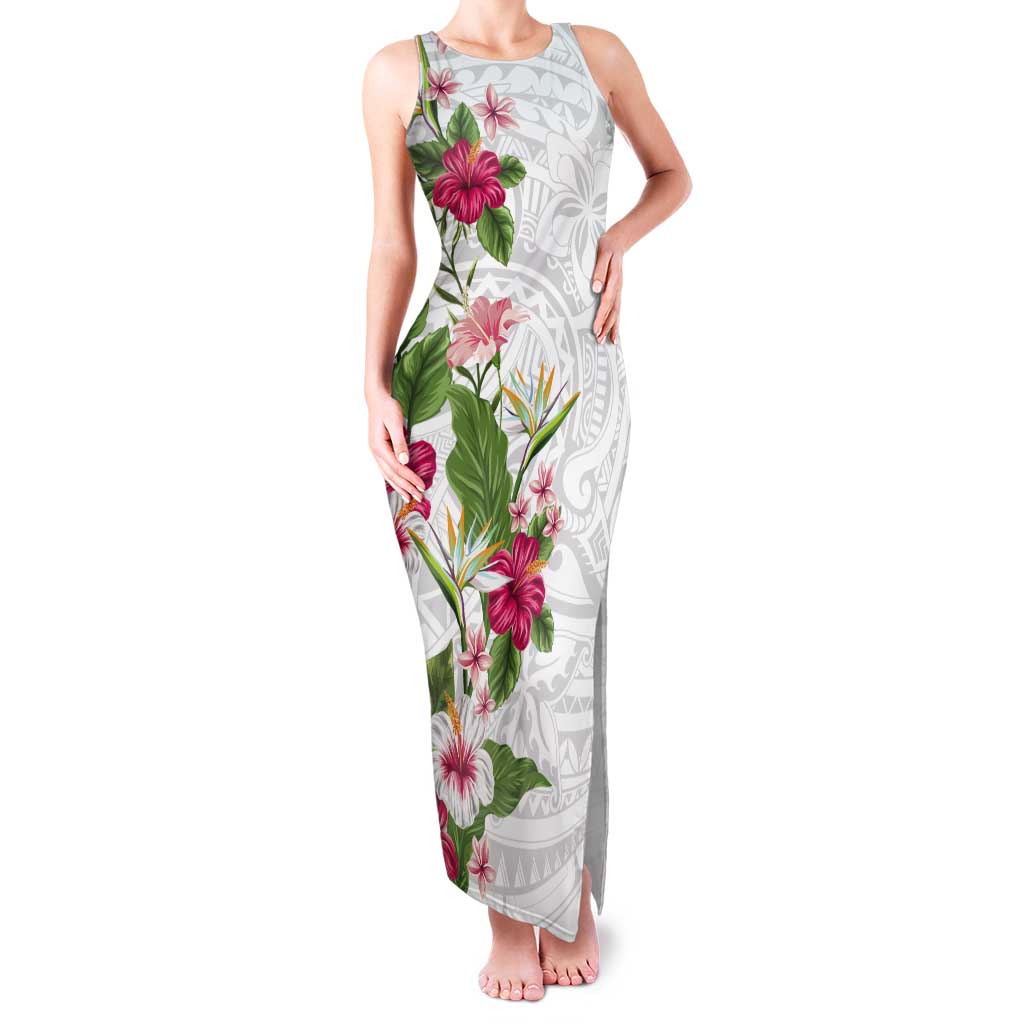 Hawaii Tropical Flowers Tank Maxi Dress Polynesian Tattoo White LT05 Women White - Polynesian Pride