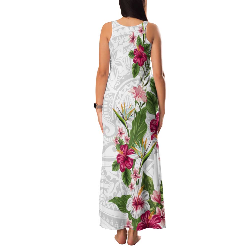 Hawaii Tropical Flowers Tank Maxi Dress Polynesian Tattoo White LT05 - Polynesian Pride