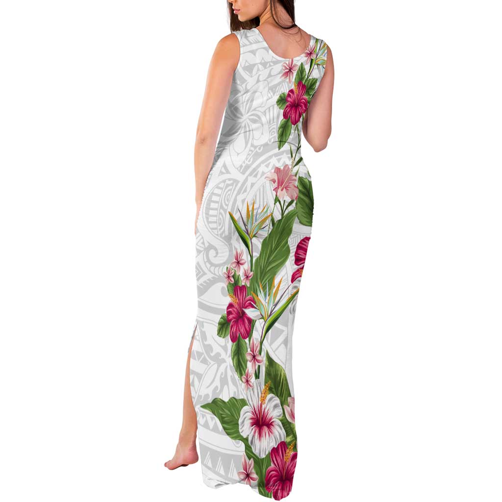 Hawaii Tropical Flowers Tank Maxi Dress Polynesian Tattoo White LT05 - Polynesian Pride