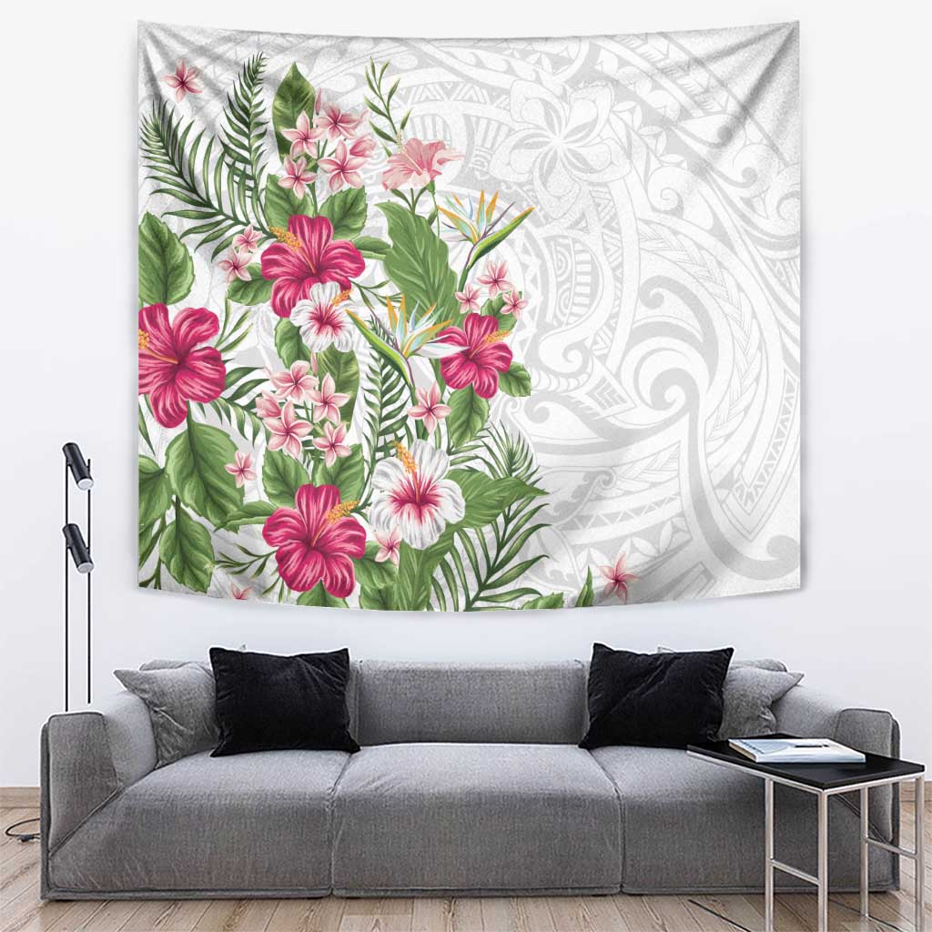 Hawaii Tropical Flowers Tapestry Polynesian Tattoo White