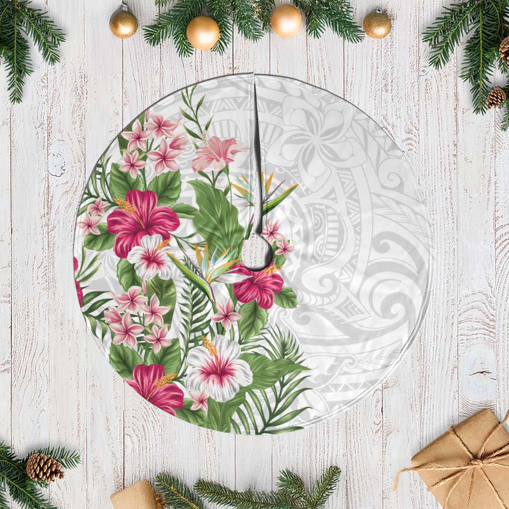 Hawaii Tropical Flowers Tree Skirt Polynesian Tattoo White