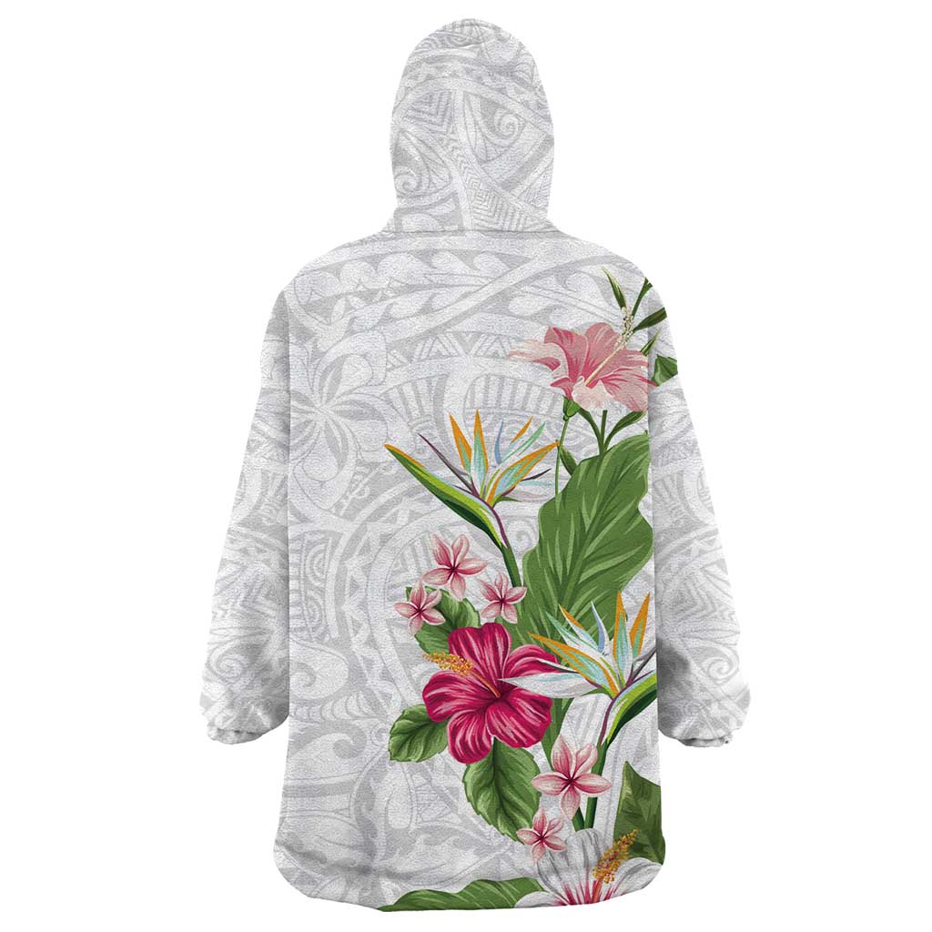 Hawaii Tropical Flowers Wearable Blanket Hoodie Polynesian Tattoo White LT05 - Polynesian Pride