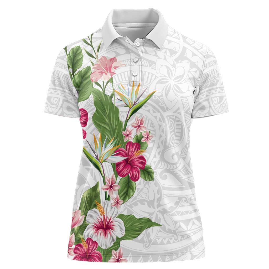 Hawaii Tropical Flowers Women Polo Shirt Polynesian Tattoo White