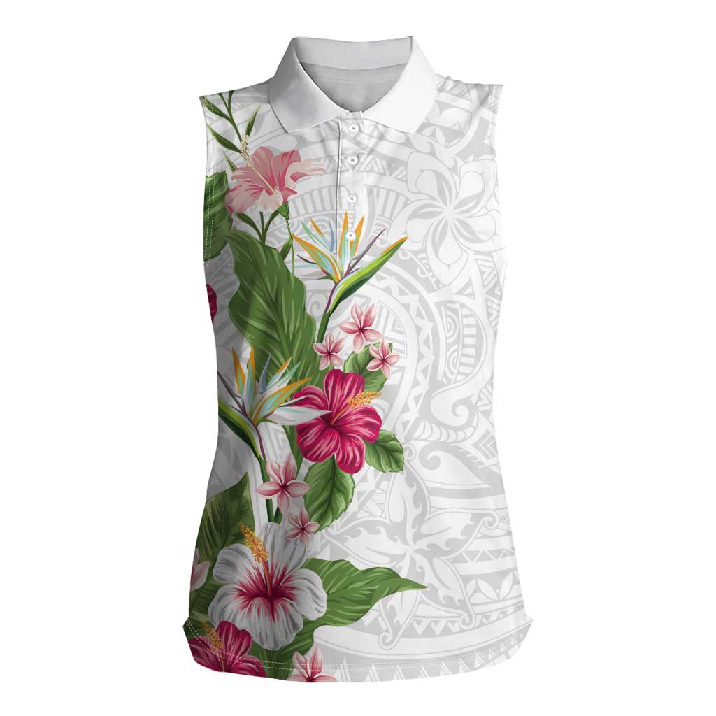 Hawaii Tropical Flowers Women Sleeveless Polo Shirt Polynesian Tattoo White