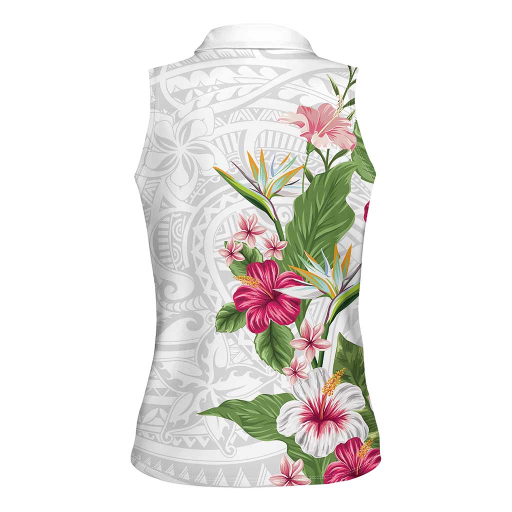 Hawaii Tropical Flowers Women Sleeveless Polo Shirt Polynesian Tattoo White