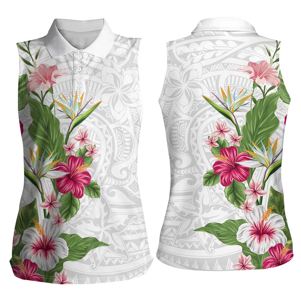 Hawaii Tropical Flowers Women Sleeveless Polo Shirt Polynesian Tattoo White