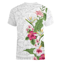 Hawaii Tropical Flowers Women V-Neck T-Shirt Polynesian Tattoo White LT05 - Polynesian Pride