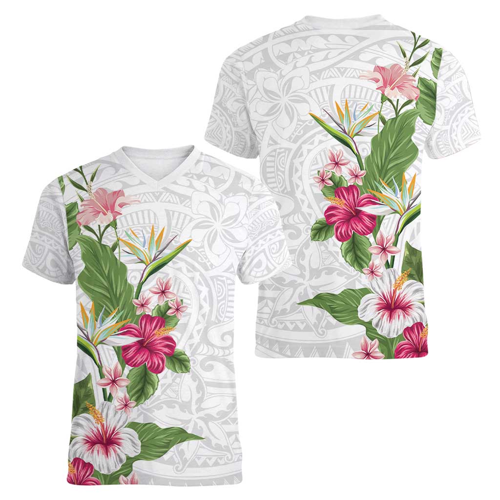 Hawaii Tropical Flowers Women V-Neck T-Shirt Polynesian Tattoo White LT05 - Polynesian Pride