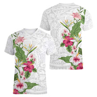 Hawaii Tropical Flowers Women V-Neck T-Shirt Polynesian Tattoo White LT05 - Polynesian Pride