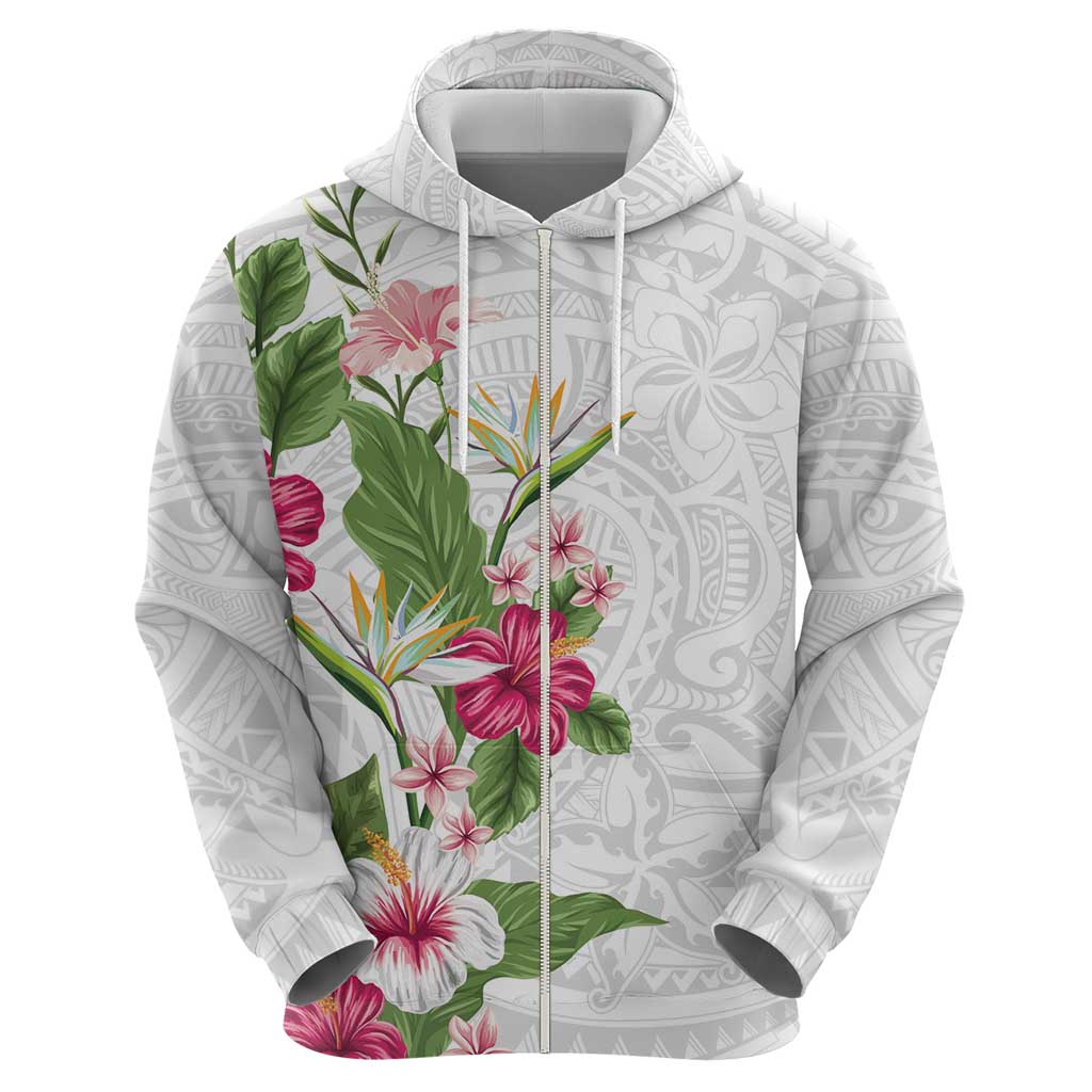 Hawaii Tropical Flowers Zip Hoodie Polynesian Tattoo White