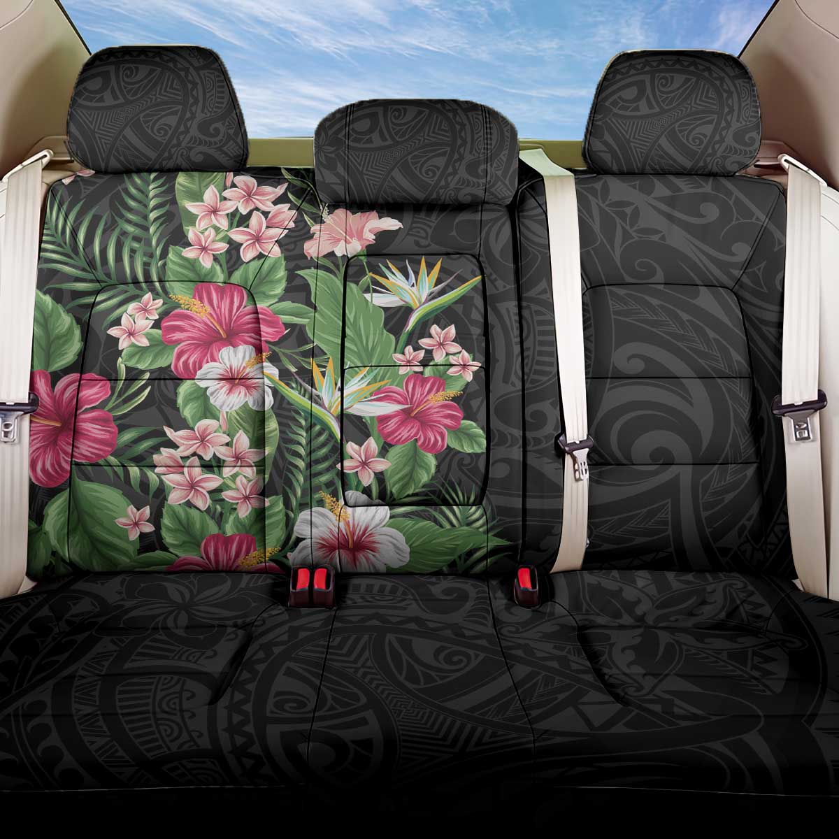 Hawaii Tropical Flowers Back Car Seat Cover Polynesian Tattoo Black