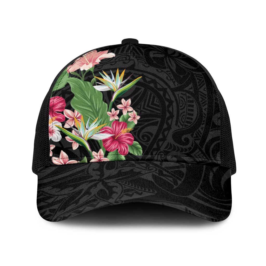 Hawaii Tropical Flowers Baseball Net Cap Polynesian Tattoo Black LT05 One Size Black Black - Polynesian Pride