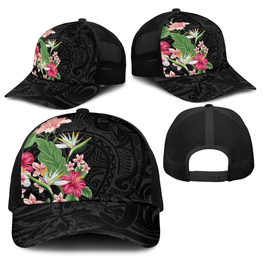 Hawaii Tropical Flowers Baseball Net Cap Polynesian Tattoo Black LT05 - Polynesian Pride