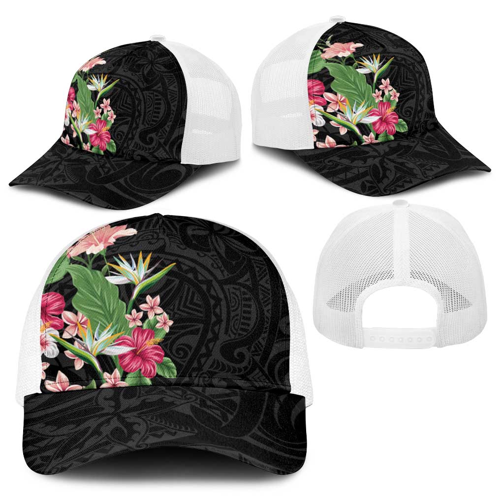 Hawaii Tropical Flowers Baseball Net Cap Polynesian Tattoo Black LT05 - Polynesian Pride