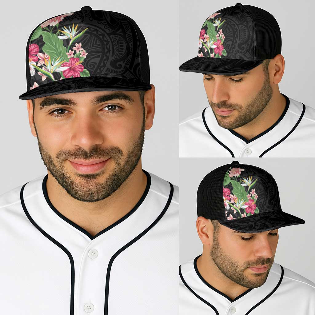 Hawaii Tropical Flowers Baseball Net Cap Polynesian Tattoo Black LT05 - Polynesian Pride
