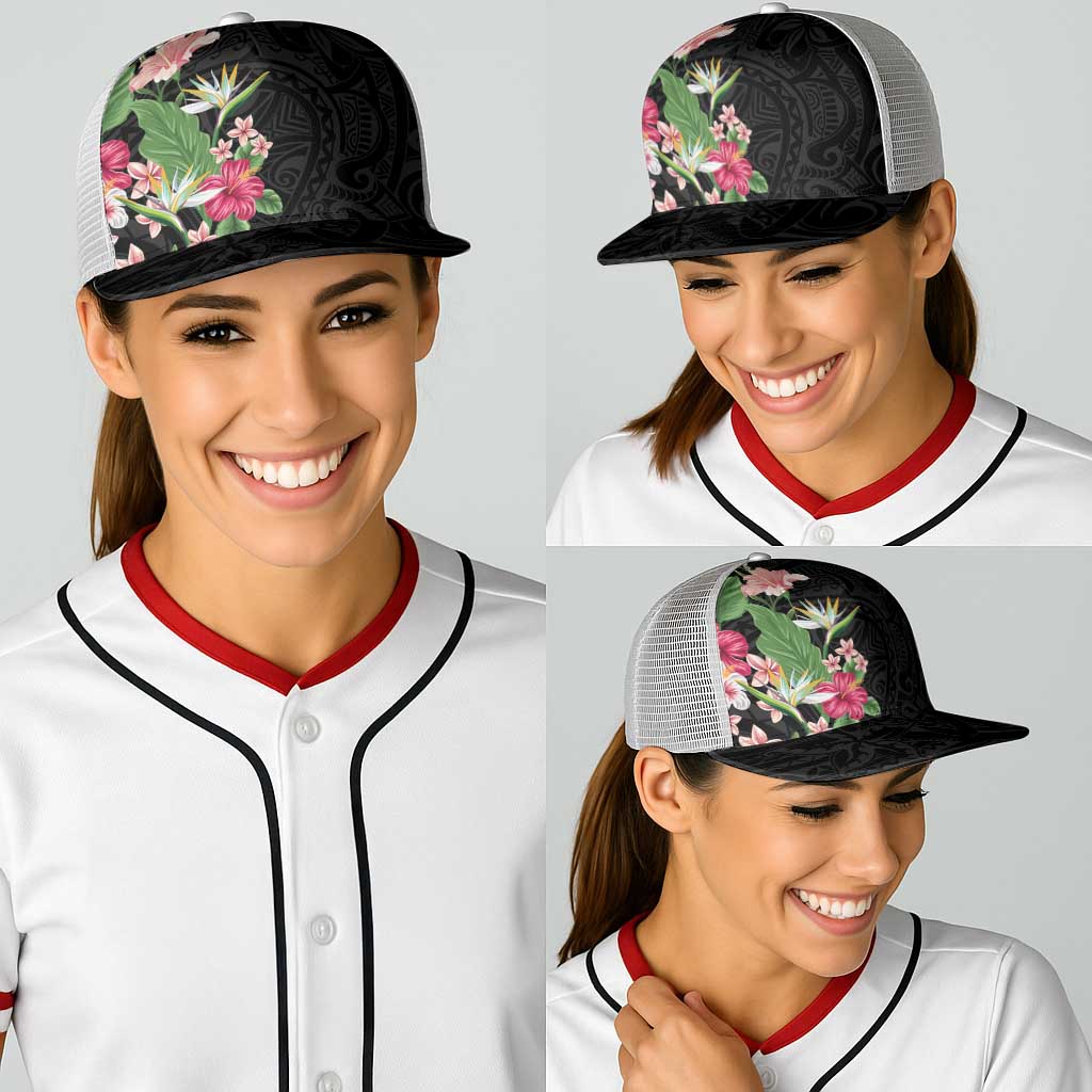 Hawaii Tropical Flowers Baseball Net Cap Polynesian Tattoo Black LT05 - Polynesian Pride