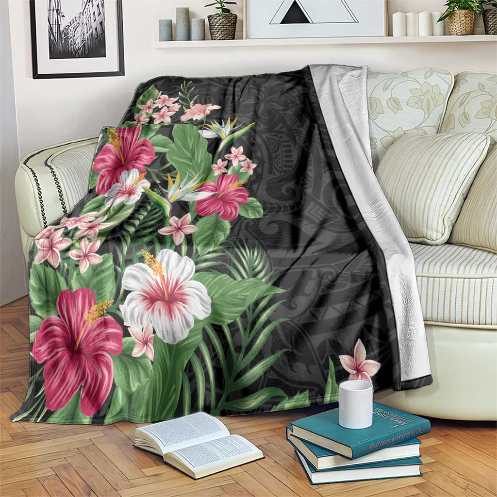 Hawaii Tropical Flowers Blanket Polynesian Tattoo Black LT05 Black - Polynesian Pride