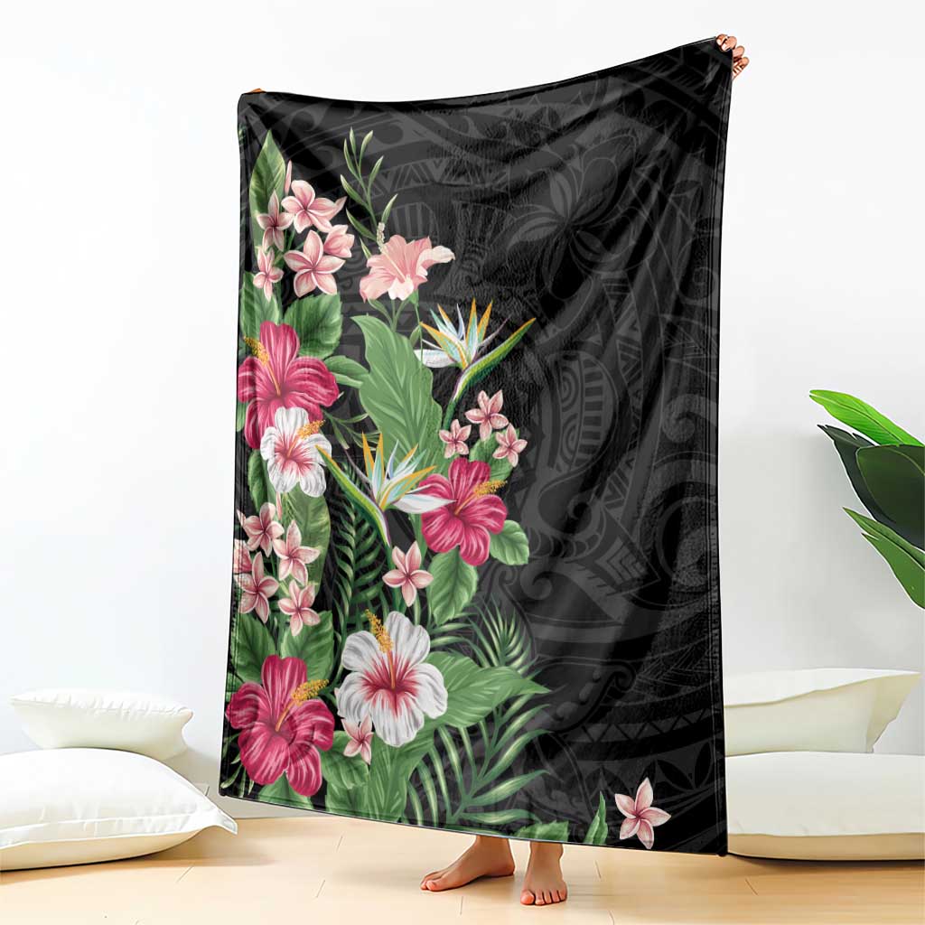 Hawaii Tropical Flowers Blanket Polynesian Tattoo Black LT05 - Polynesian Pride