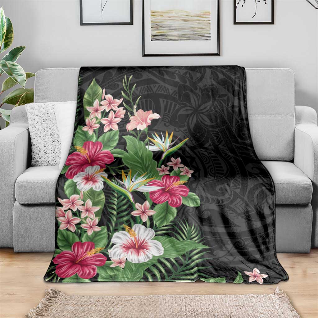 Hawaii Tropical Flowers Blanket Polynesian Tattoo Black LT05 - Polynesian Pride