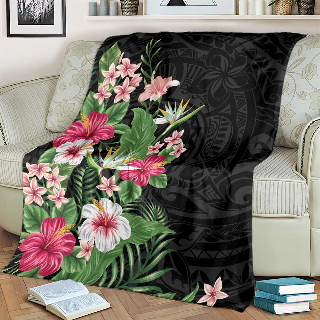 Hawaii Tropical Flowers Blanket Polynesian Tattoo Black LT05 - Polynesian Pride