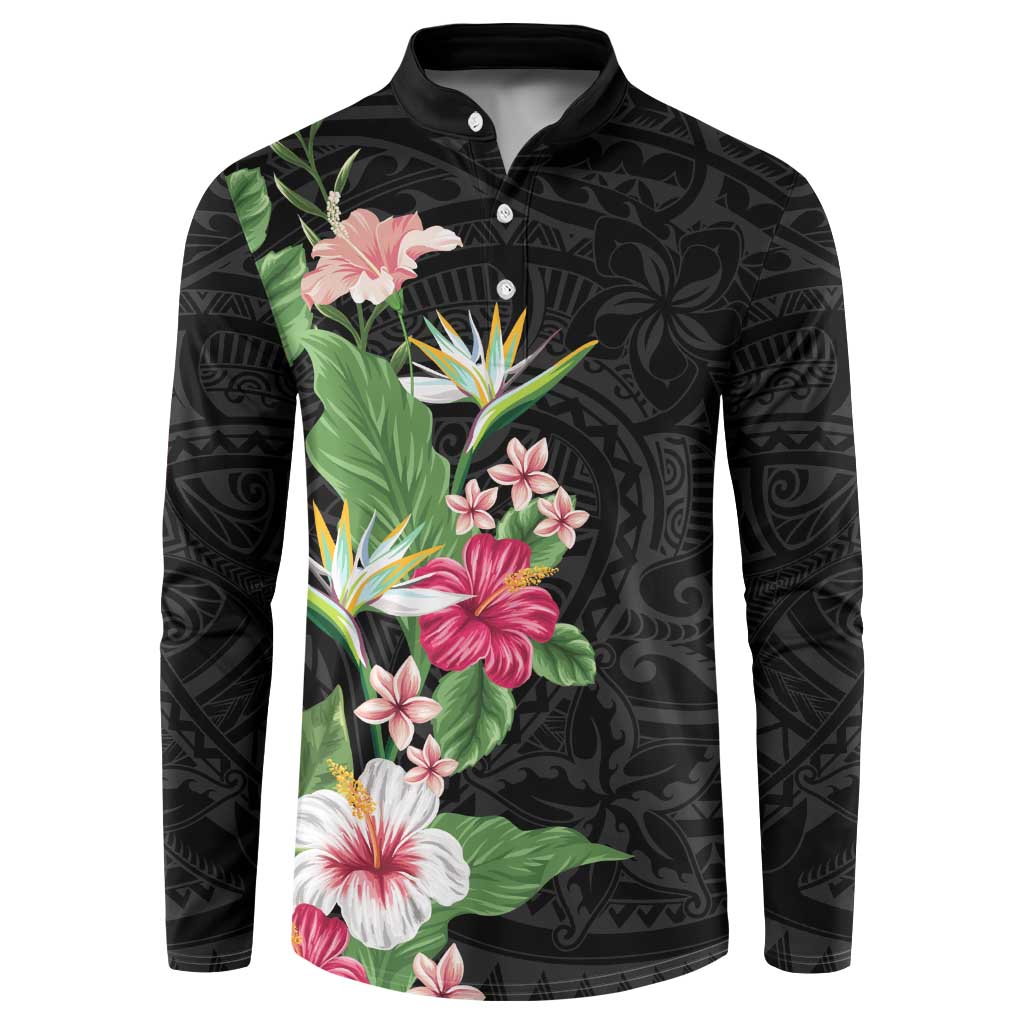 Hawaii Tropical Flowers Button Sweatshirt Polynesian Tattoo Black