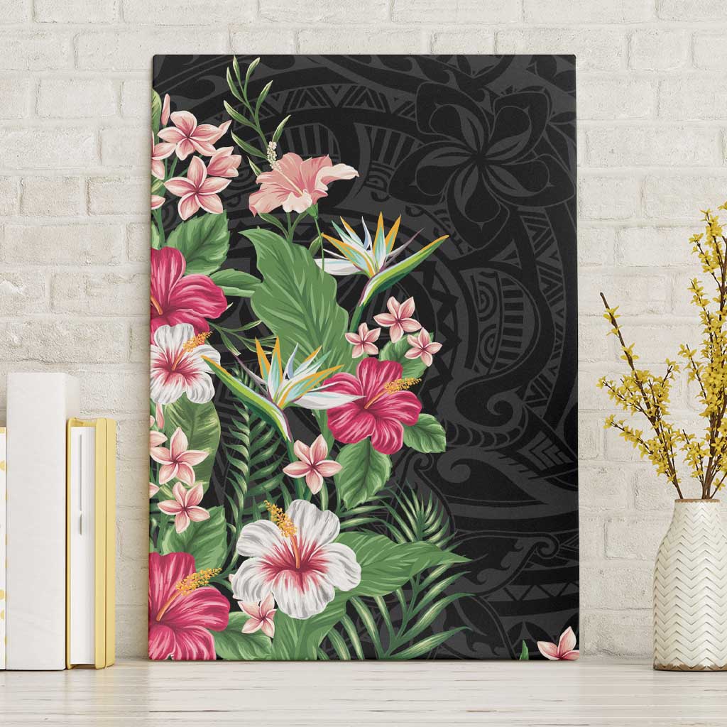 Hawaii Tropical Flowers Canvas Wall Art Polynesian Tattoo Black