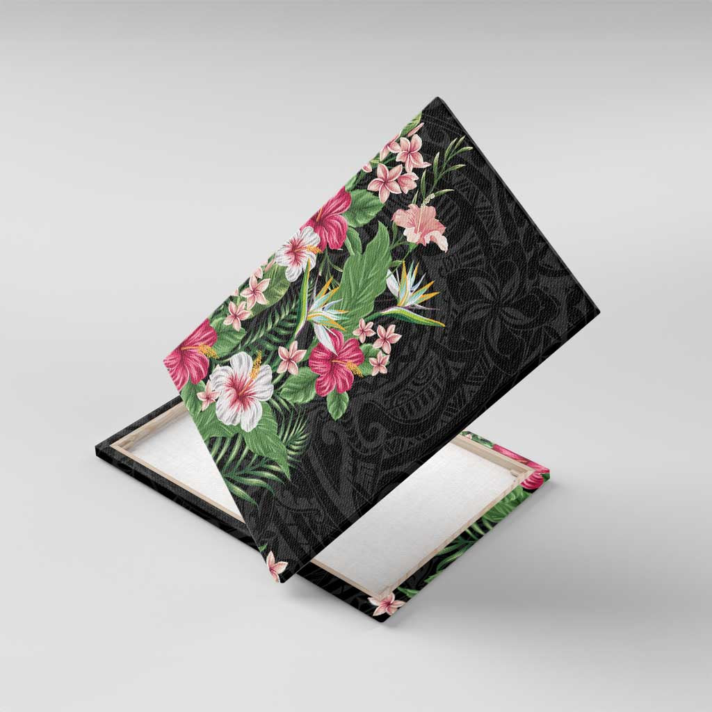 Hawaii Tropical Flowers Canvas Wall Art Polynesian Tattoo Black LT05 With Frame Black - Polynesian Pride