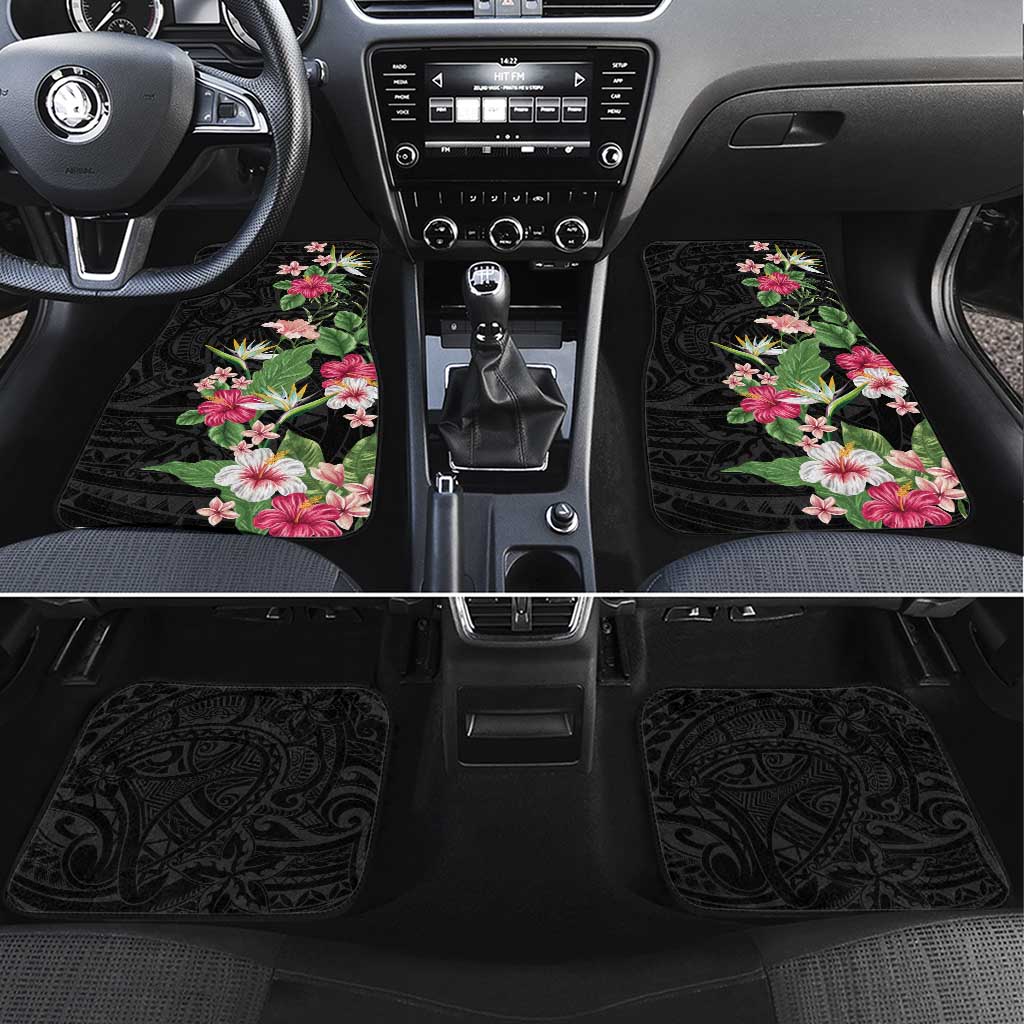 Hawaii Tropical Flowers Car Mats Polynesian Tattoo Black