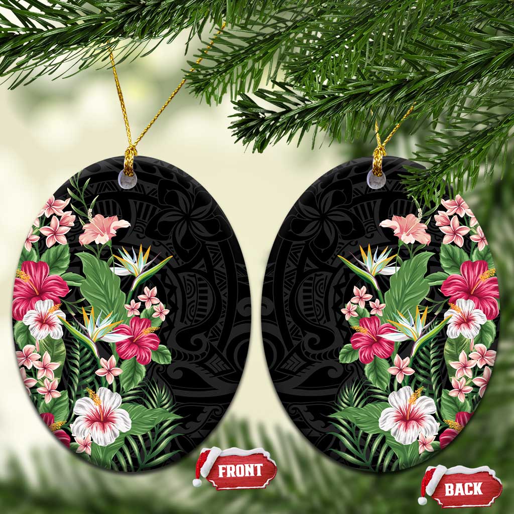 Hawaii Tropical Flowers Ceramic Ornament Polynesian Tattoo Black LT05 Oval Black - Polynesian Pride