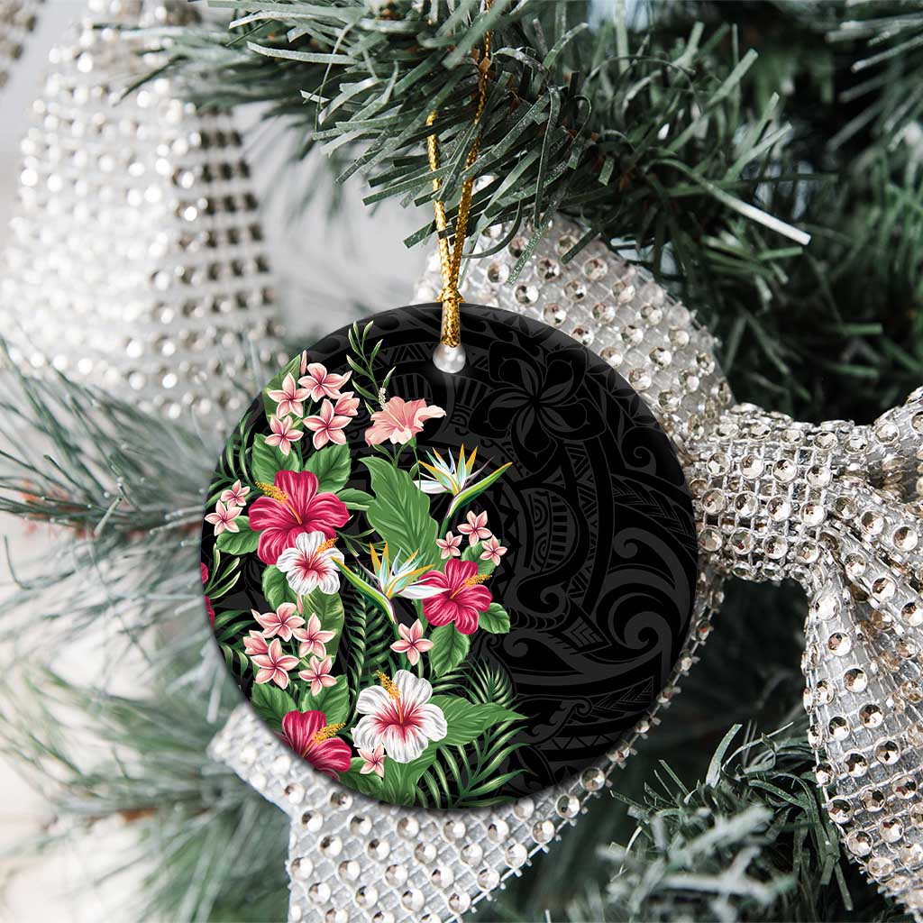 Hawaii Tropical Flowers Ceramic Ornament Polynesian Tattoo Black LT05 - Polynesian Pride