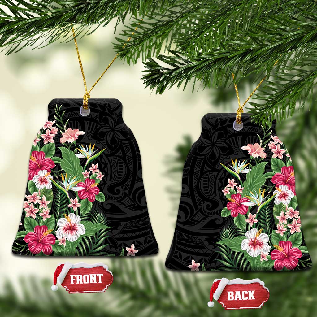 Hawaii Tropical Flowers Ceramic Ornament Polynesian Tattoo Black LT05 Bell Flake Black - Polynesian Pride