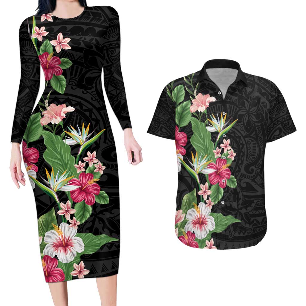 Hawaii Tropical Flowers Couples Matching Long Sleeve Bodycon Dress and Hawaiian Shirt Polynesian Tattoo Black