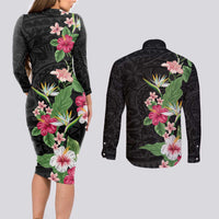 Hawaii Tropical Flowers Couples Matching Long Sleeve Bodycon Dress and Long Sleeve Button Shirt Polynesian Tattoo Black LT05 - Polynesian Pride