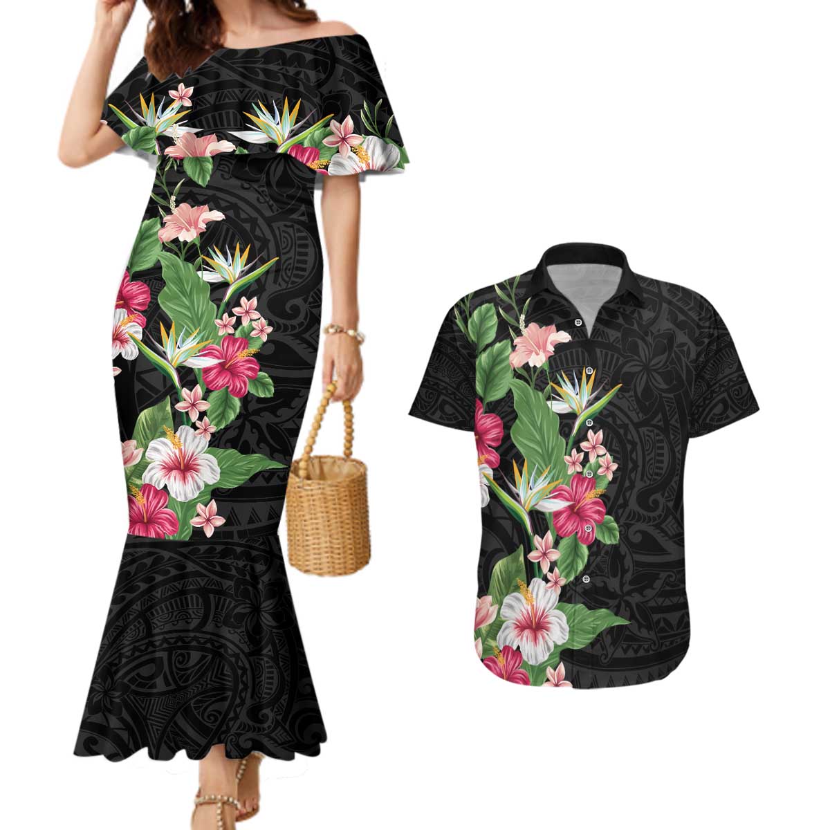 Hawaii Tropical Flowers Couples Matching Mermaid Dress and Hawaiian Shirt Polynesian Tattoo Black