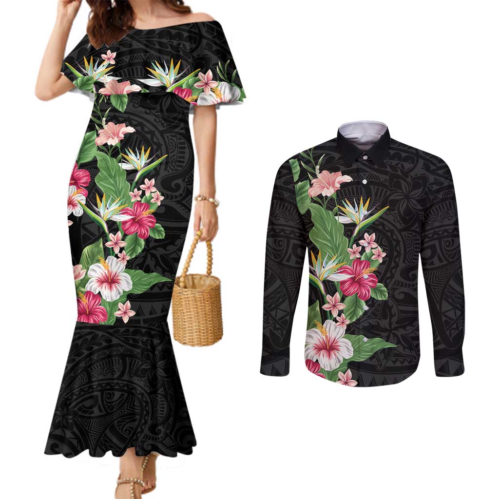 Hawaii Tropical Flowers Couples Matching Mermaid Dress and Long Sleeve Button Shirt Polynesian Tattoo Black