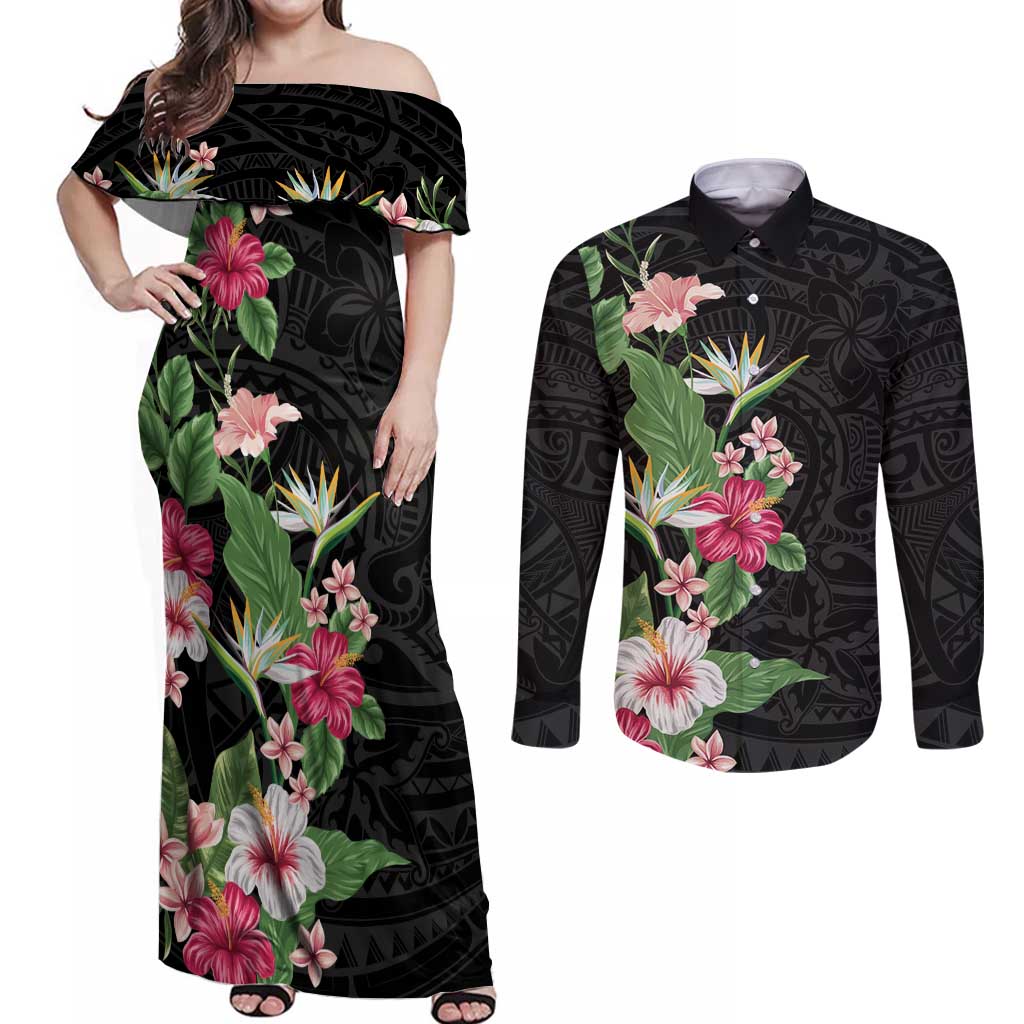 Hawaii Tropical Flowers Couples Matching Off Shoulder Maxi Dress and Long Sleeve Button Shirt Polynesian Tattoo Black