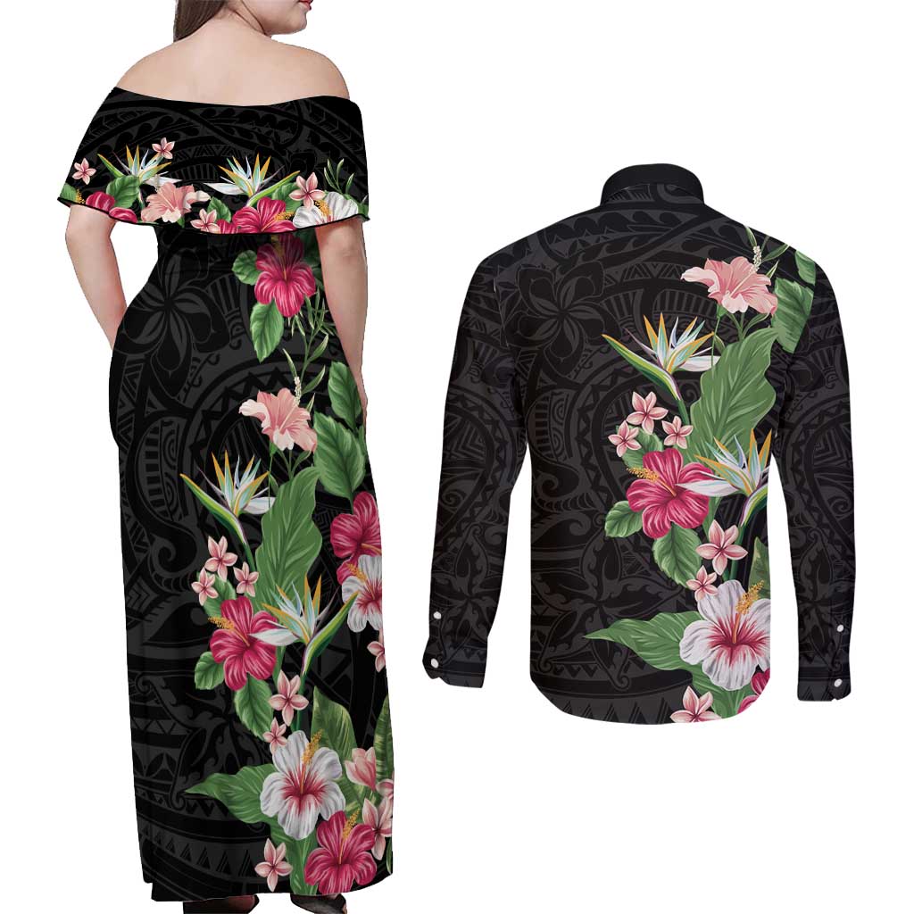 Hawaii Tropical Flowers Couples Matching Off Shoulder Maxi Dress and Long Sleeve Button Shirt Polynesian Tattoo Black LT05 - Polynesian Pride