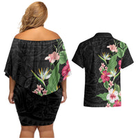 Hawaii Tropical Flowers Couples Matching Off Shoulder Short Dress and Hawaiian Shirt Polynesian Tattoo Black LT05 - Polynesian Pride