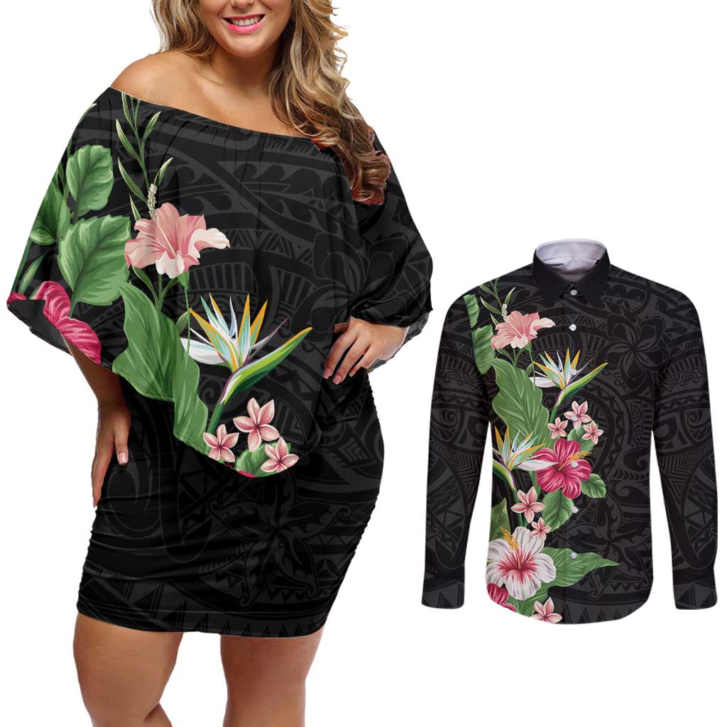 Hawaii Tropical Flowers Couples Matching Off Shoulder Short Dress and Long Sleeve Button Shirt Polynesian Tattoo Black