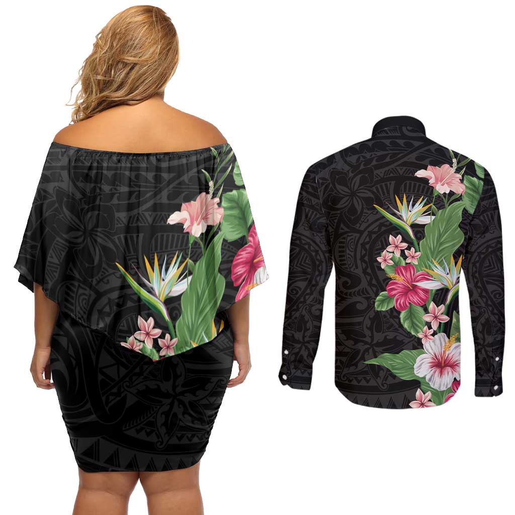 Hawaii Tropical Flowers Couples Matching Off Shoulder Short Dress and Long Sleeve Button Shirt Polynesian Tattoo Black LT05 - Polynesian Pride