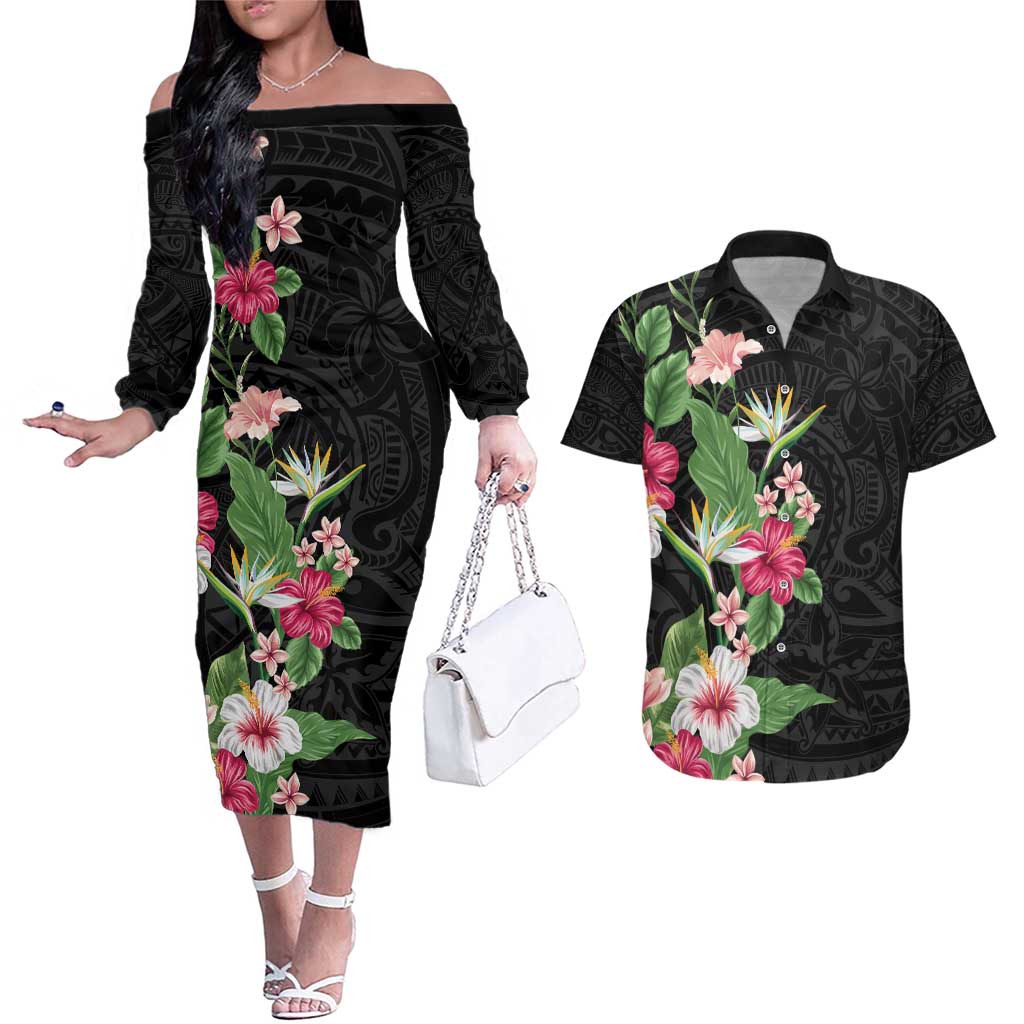 Hawaii Tropical Flowers Couples Matching Off The Shoulder Long Sleeve Dress and Hawaiian Shirt Polynesian Tattoo Black LT05 Black - Polynesian Pride