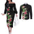 Hawaii Tropical Flowers Couples Matching Off The Shoulder Long Sleeve Dress and Long Sleeve Button Shirt Polynesian Tattoo Black