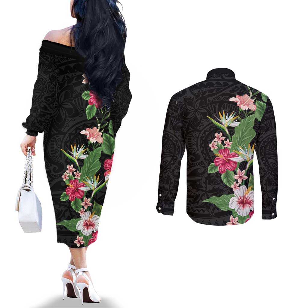 Hawaii Tropical Flowers Couples Matching Off The Shoulder Long Sleeve Dress and Long Sleeve Button Shirt Polynesian Tattoo Black LT05 - Polynesian Pride