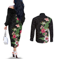 Hawaii Tropical Flowers Couples Matching Off The Shoulder Long Sleeve Dress and Long Sleeve Button Shirt Polynesian Tattoo Black LT05 - Polynesian Pride